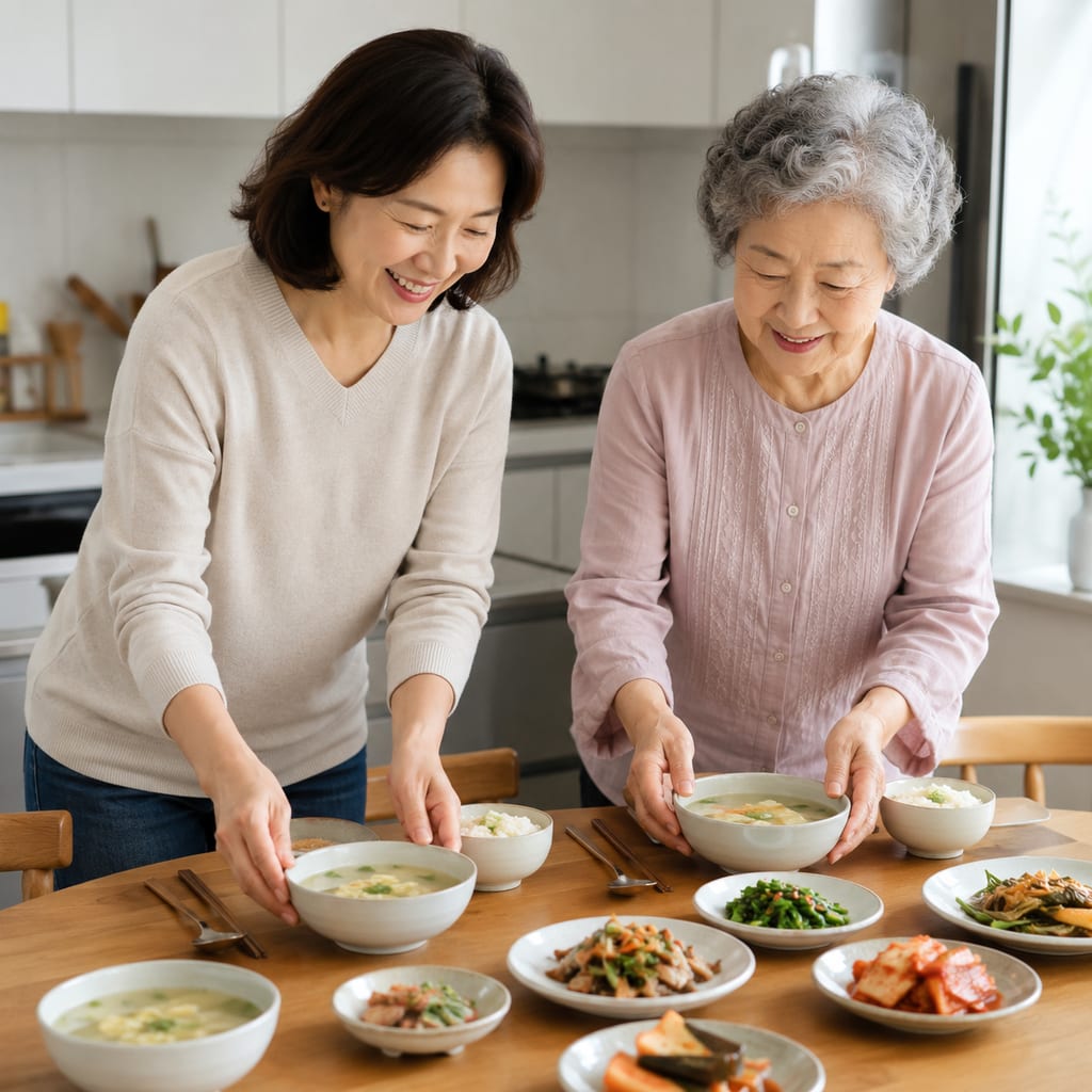 원주 가족요양 딸이 어머니와 함께 집에서 한식 밥상을 차리는 모습