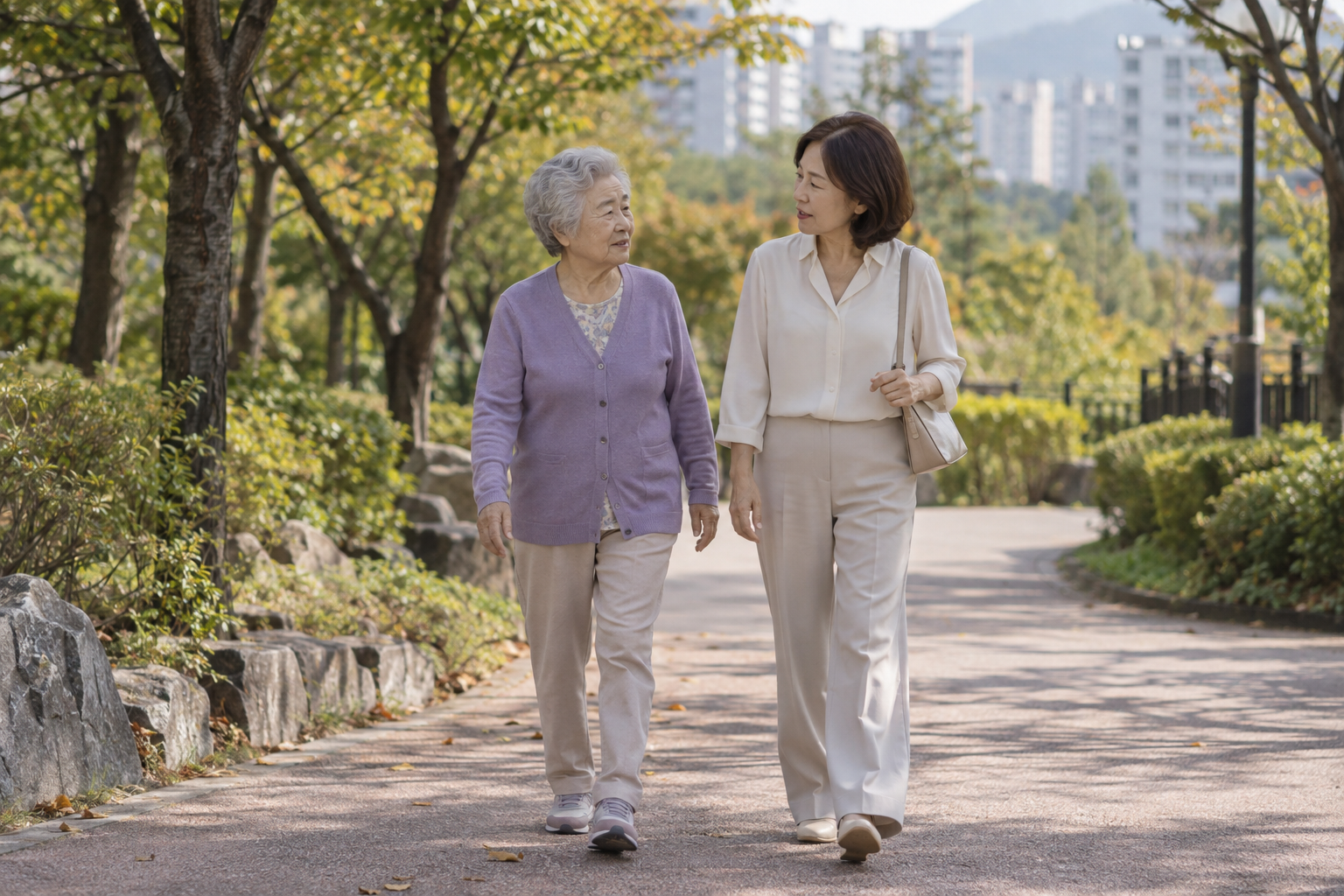 어머니와 성인 딸이 평탄한 동네 산책길을 함께 걷는 장면 — AI 생성 이미지